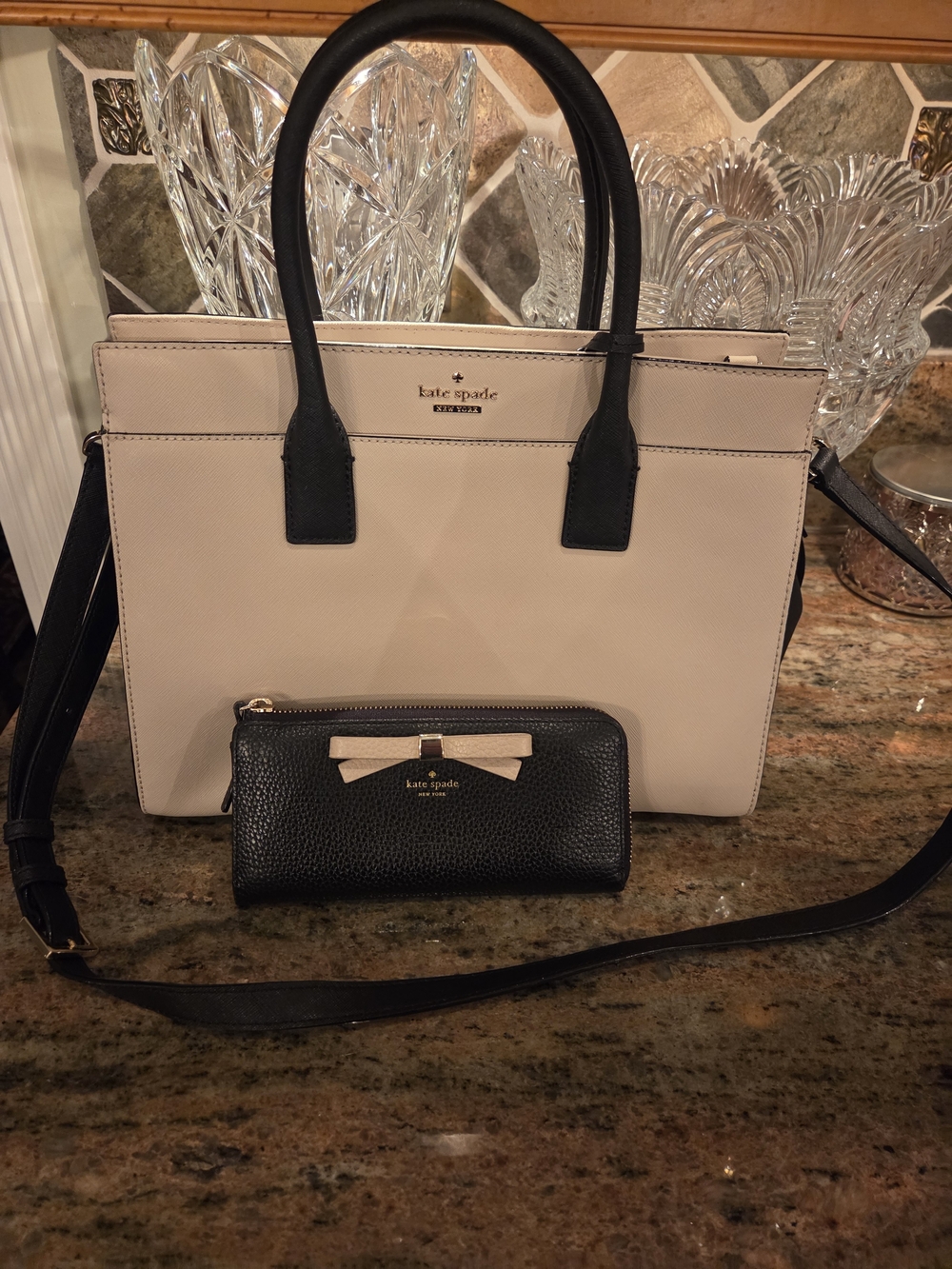 kate spade Two-Tone Light Beige and Black Leather Satchel with Wallet
